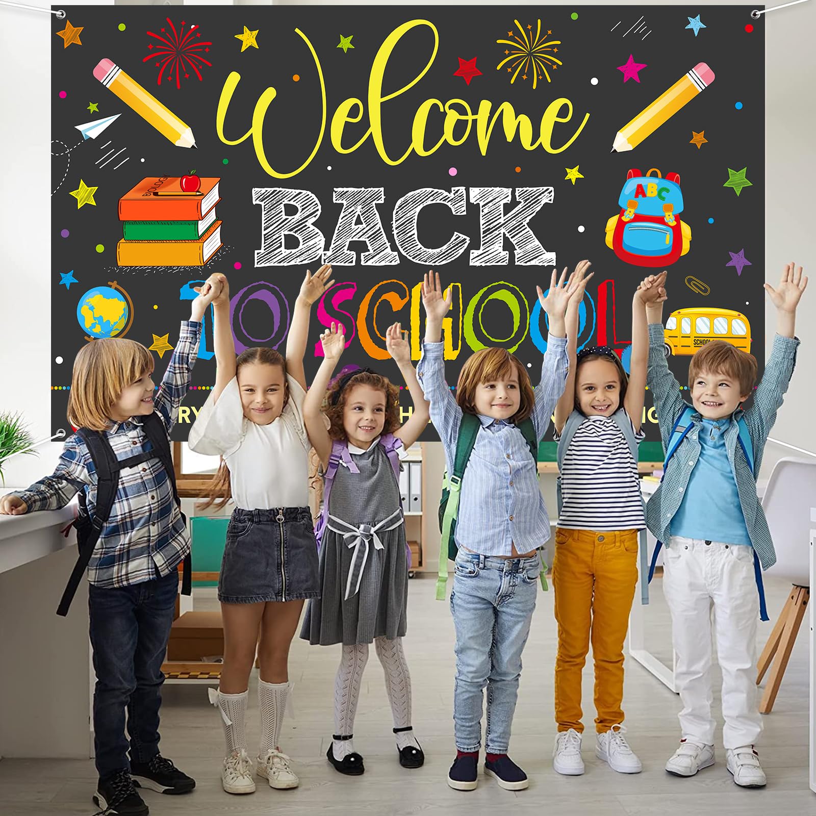 Welcome Back to School Backdrops, Welcome Back Bulletin Board Back to School Banner Sign Hanging Fabric Photography Background for First Day of School Classroom and Office Decorations,73x44 Inch