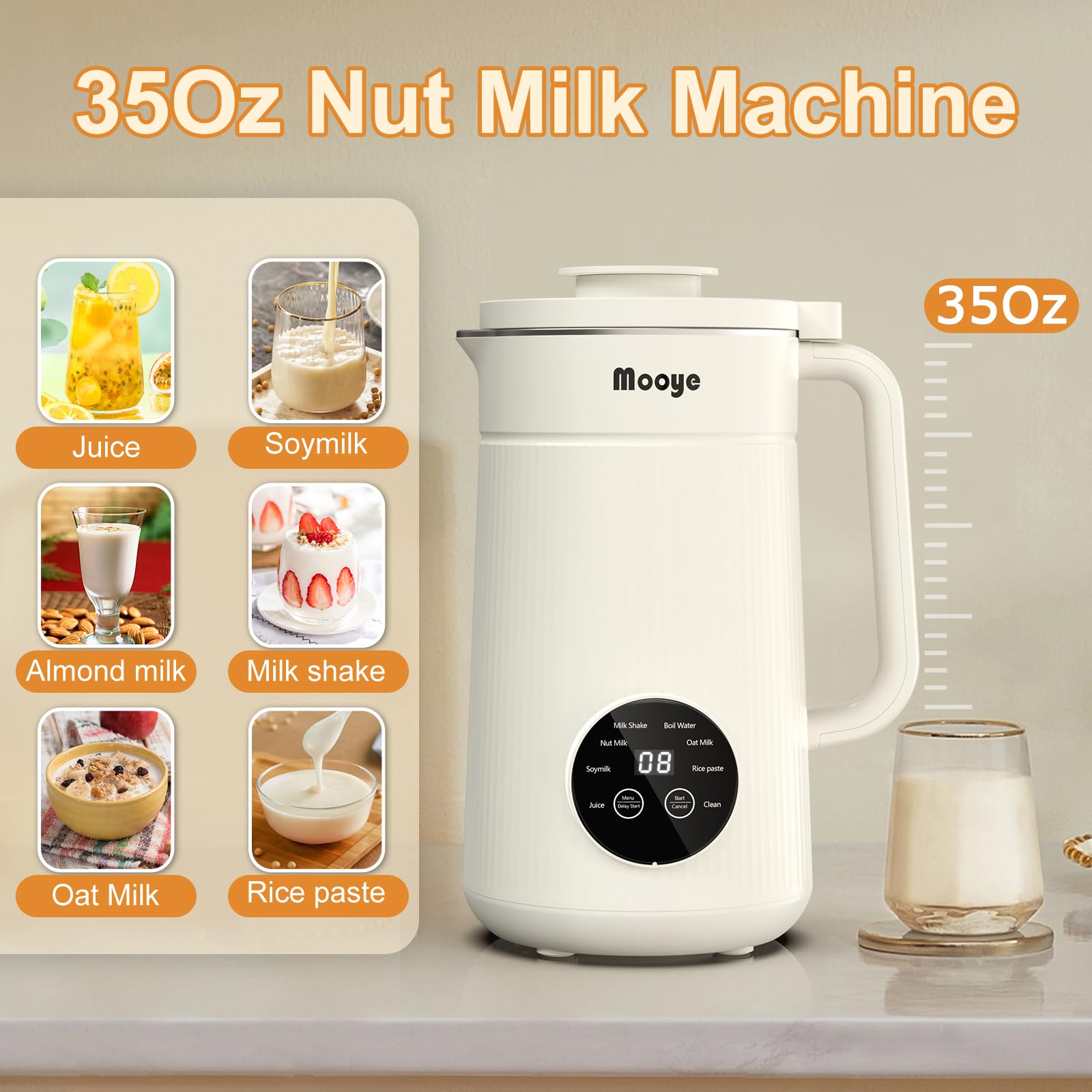 Mooye 35oz Automatic Nut Milk Maker with Nut Milk Bag - Homemade Almond, 10 Blades, Oat, Soy Milk Machine - Auto-operation, 12 Hours Timer, Easy Cleaning - Dairy-Free Beverages