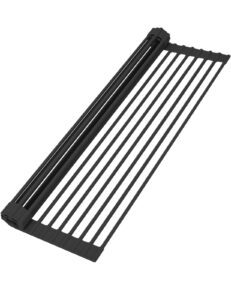 viceaxy roll-up dish drying rack 17” x 13”, stainless steel with silicone wrapped drainer rack, foldable sink rack mat for kitchen dishes, cups, fruits, vegetables (m, black)