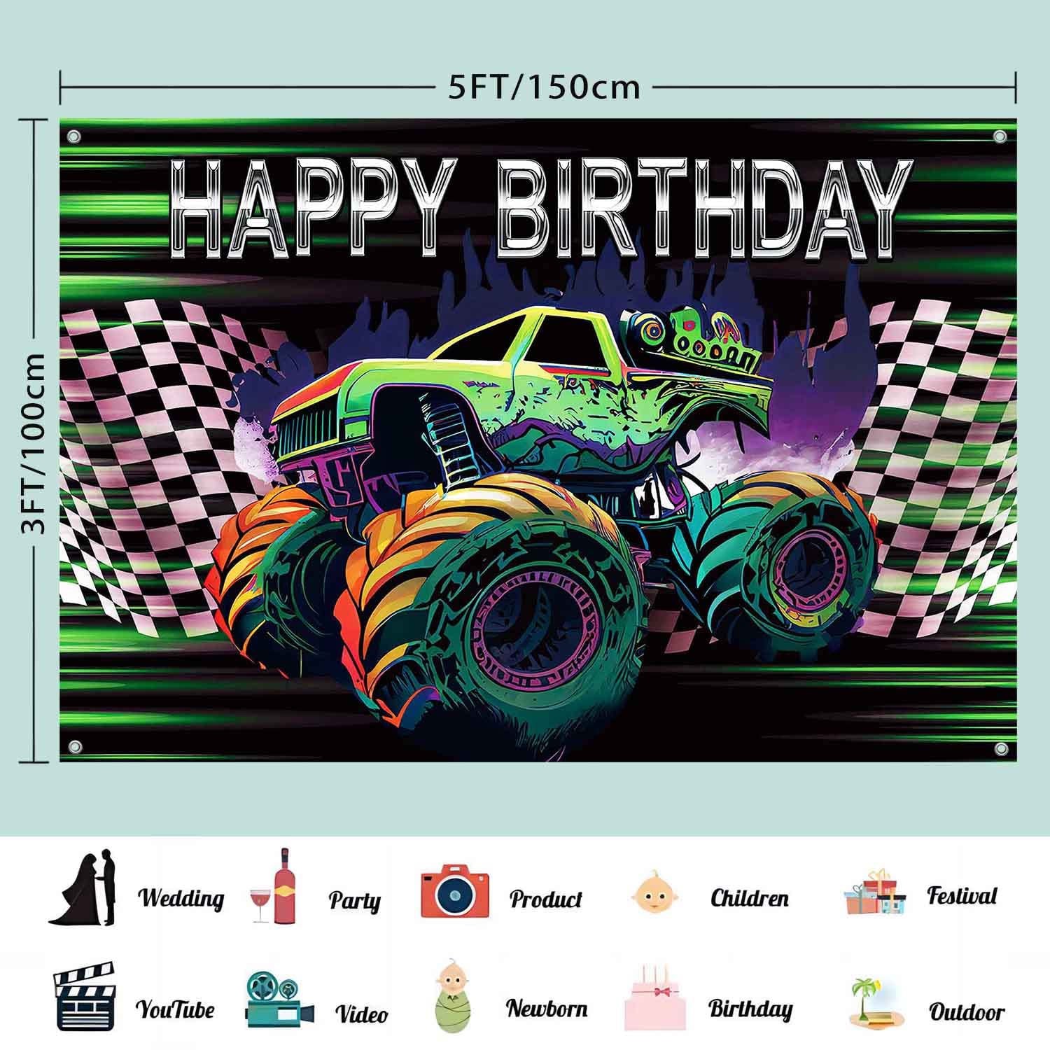 LDWLYW Truck Backdrop Banner Car Birthday Backdrop for Boys Green Truck Birthday Party Decorations Cars Happy Birthday Backdrop Boy Truck Theme Party Supplies Photo Props 5x3ft