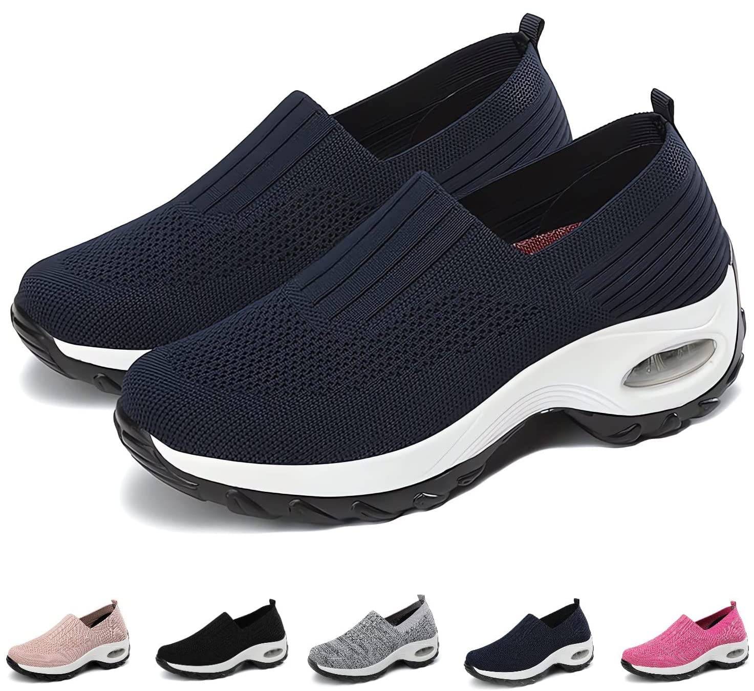 Womens Sneakers-Air Go-Walk Air Cushion Trainers, 2023 New Women's Orthopedic Platform Arch Walking Sneakers, Air Cushion Slip-On Motion Orthotic Shoes for Women Arch Support Diabetic (Blue, adult, women, numeric_9_point_5, numeric, us_footwear_size_syste