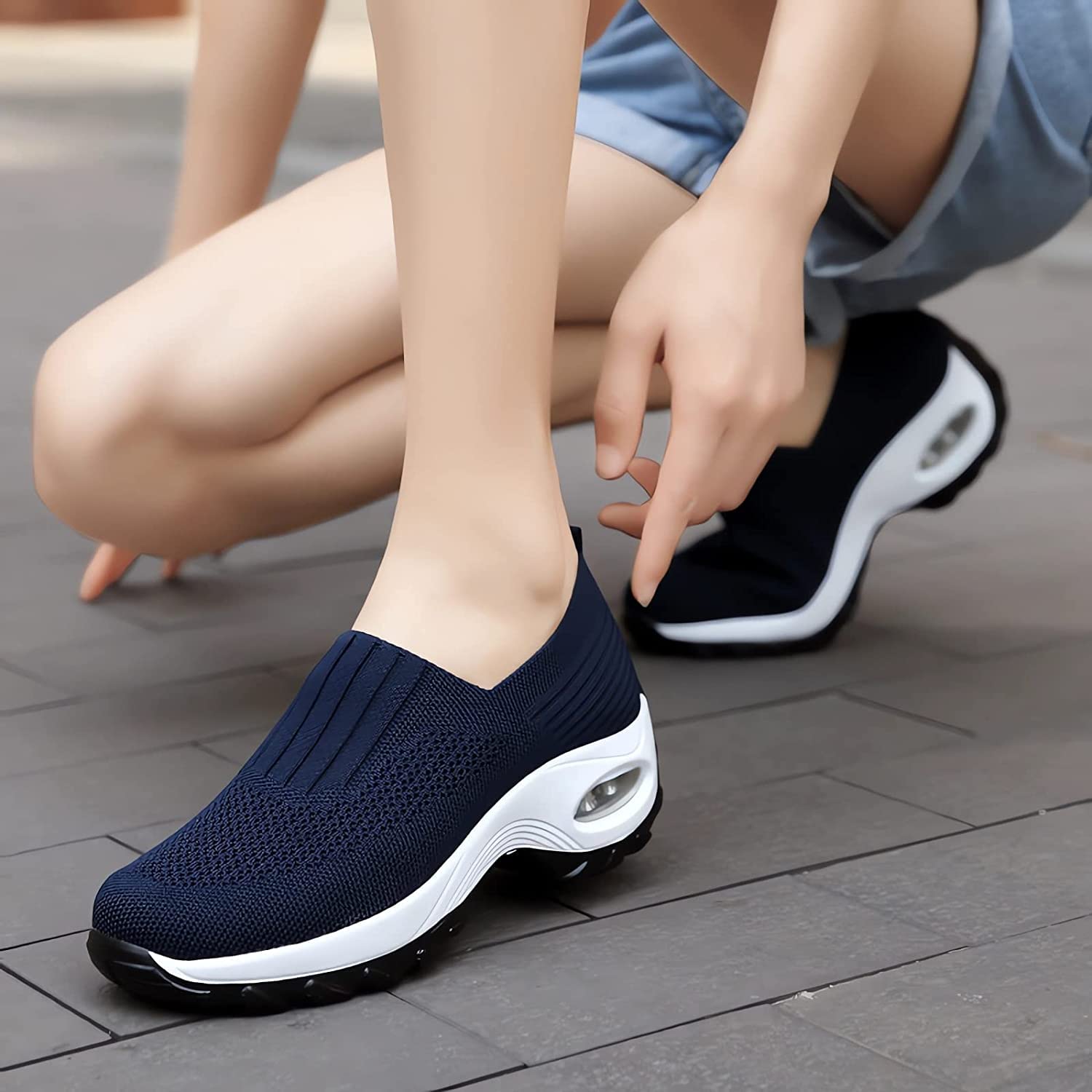 Womens Sneakers-Air Go-Walk Air Cushion Trainers, 2023 New Women's Orthopedic Platform Arch Walking Sneakers, Air Cushion Slip-On Motion Orthotic Shoes for Women Arch Support Diabetic (Blue, adult, women, numeric_9_point_5, numeric, us_footwear_size_syste