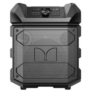 monster rockin’ roller 4max | 100w indoor/outdoor portable bluetooth speaker, water resistant | up to 25 hours playtime, karaoke microphone, telescoping handle, wheels, fm radio, & usb charging