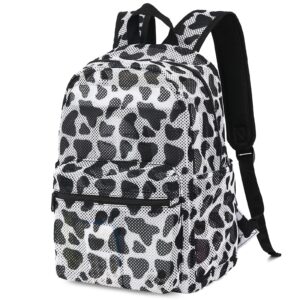 yusudan cow print mesh backpack for girls, kids semi-transparent school bookbag women see through beach bag daypack