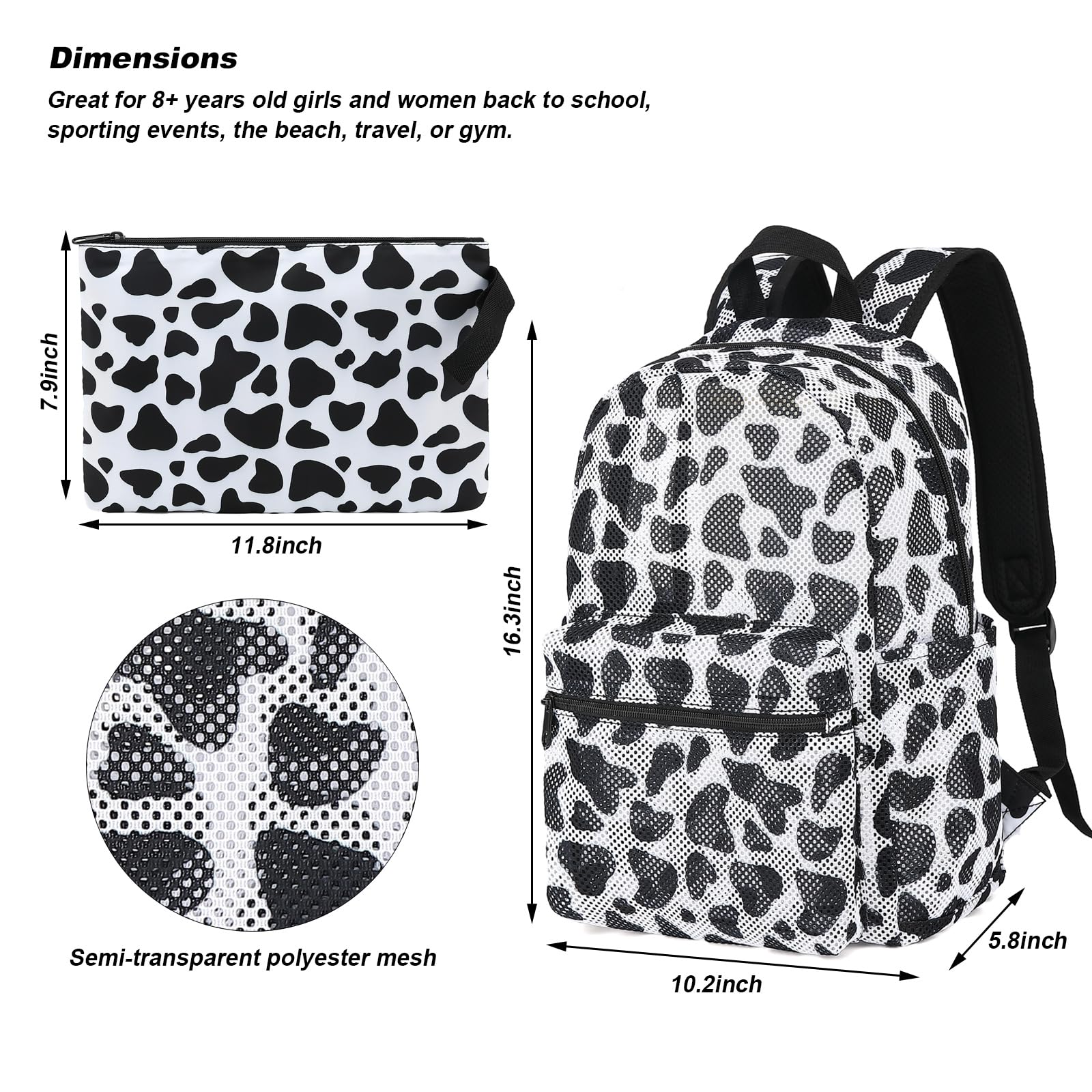 Yusudan Cow Print Mesh Backpack for Girls, Kids Semi-Transparent School Bookbag Women See Through Beach Bag Daypack