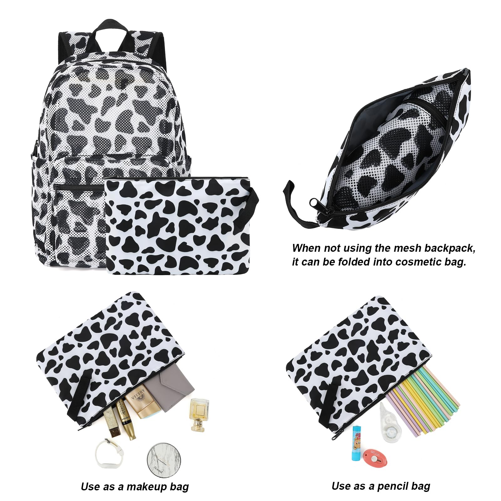 Yusudan Cow Print Mesh Backpack for Girls, Kids Semi-Transparent School Bookbag Women See Through Beach Bag Daypack