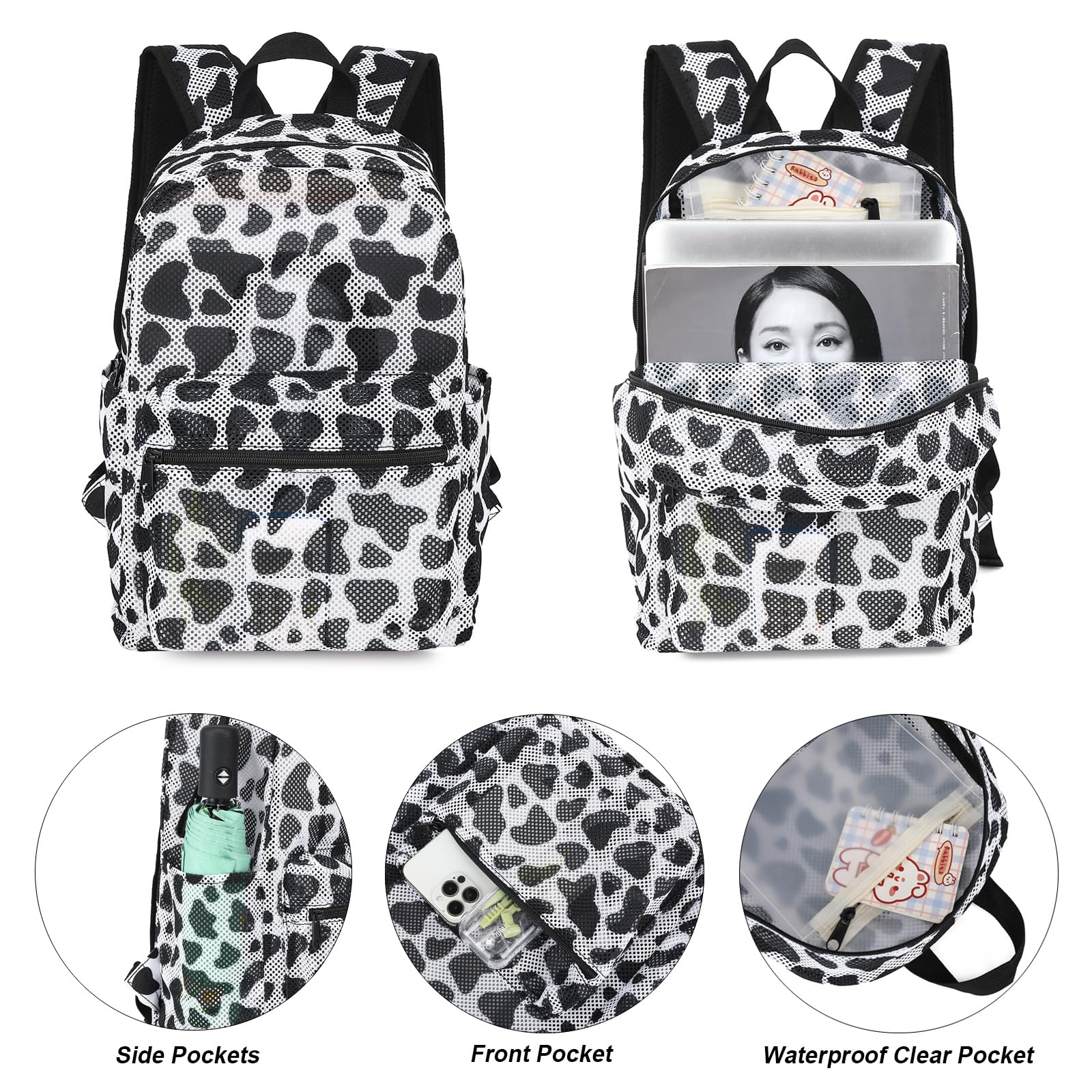 Yusudan Cow Print Mesh Backpack for Girls, Kids Semi-Transparent School Bookbag Women See Through Beach Bag Daypack