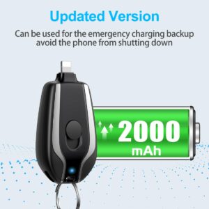 EMNT Keychain Portable Charger for iPhone, 2000mAh Mini Power Emergency Pod, Ultra-Compact External Fast Charging Power Bank Battery Pack, Key Ring Cell Phone Charger,Small Charger for AirPods,Black