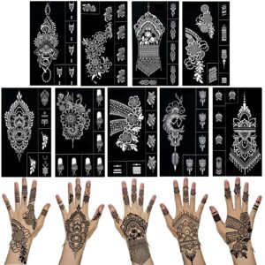 qstohena 9 sheets henna tattoo stencils kit for hand reusable, mehndi temporary tattoo adhesive templates flower stencils for women girls face body finger art paint