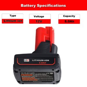 DV8DKV7 2 Packs Replace for Milwaukee M12 12 Volt Cordless Tools 6.0Ah Battery, Compatible with Milwaukee 12V 48-11-2410 48-11-2420 48-11-2411 48-11-2401 12 Volt Lithium Ion Battery