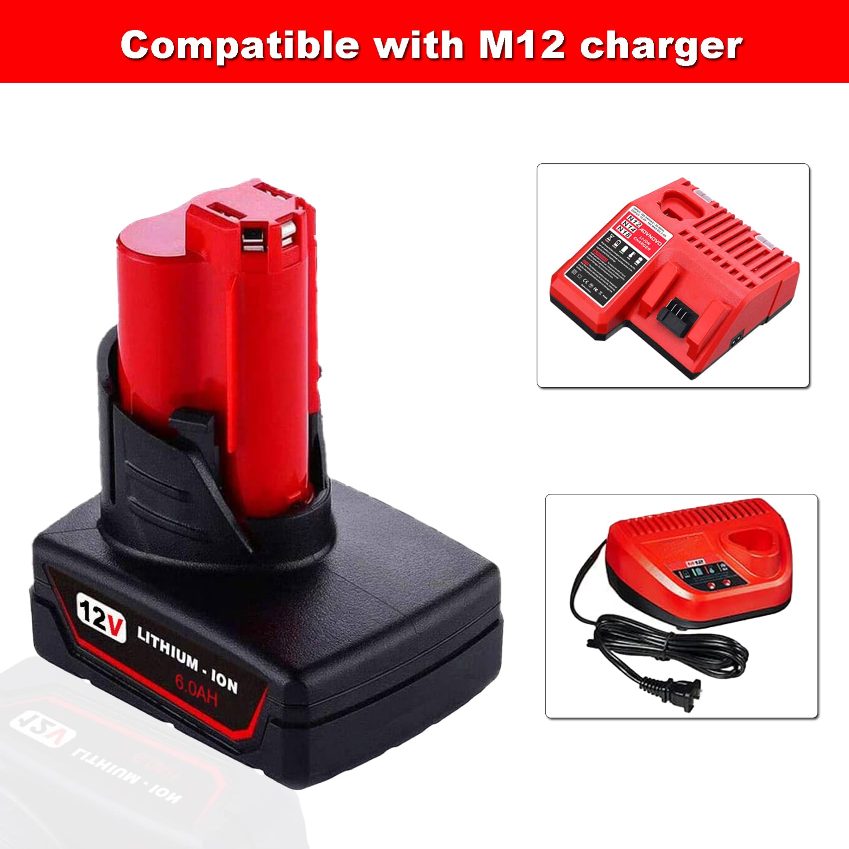 DV8DKV7 2 Packs Replace for Milwaukee M12 12 Volt Cordless Tools 6.0Ah Battery, Compatible with Milwaukee 12V 48-11-2410 48-11-2420 48-11-2411 48-11-2401 12 Volt Lithium Ion Battery