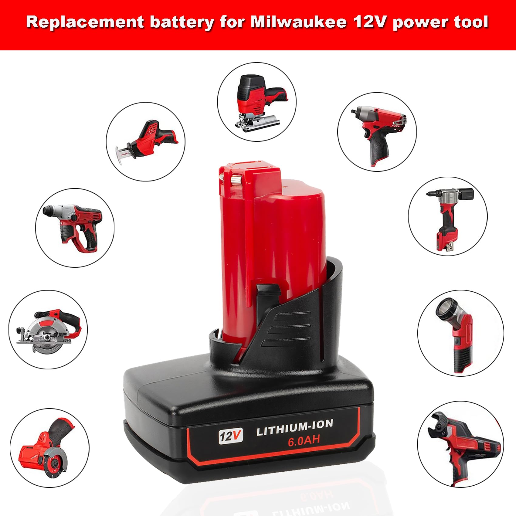 DV8DKV7 2 Packs Replace for Milwaukee M12 12 Volt Cordless Tools 6.0Ah Battery, Compatible with Milwaukee 12V 48-11-2410 48-11-2420 48-11-2411 48-11-2401 12 Volt Lithium Ion Battery