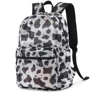 xunteny cow print mesh backpack for girls women, semi-transparent kids school backpack college bookbag casual daypacks for beach gym travel