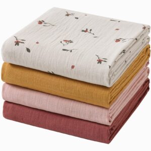 pomiso muslin swaddle blankets for boys & girls, soft breathable swaddling blankets, large 47" x 47" inches baby muslin swaddles, 4 pack red berries/earthy colors