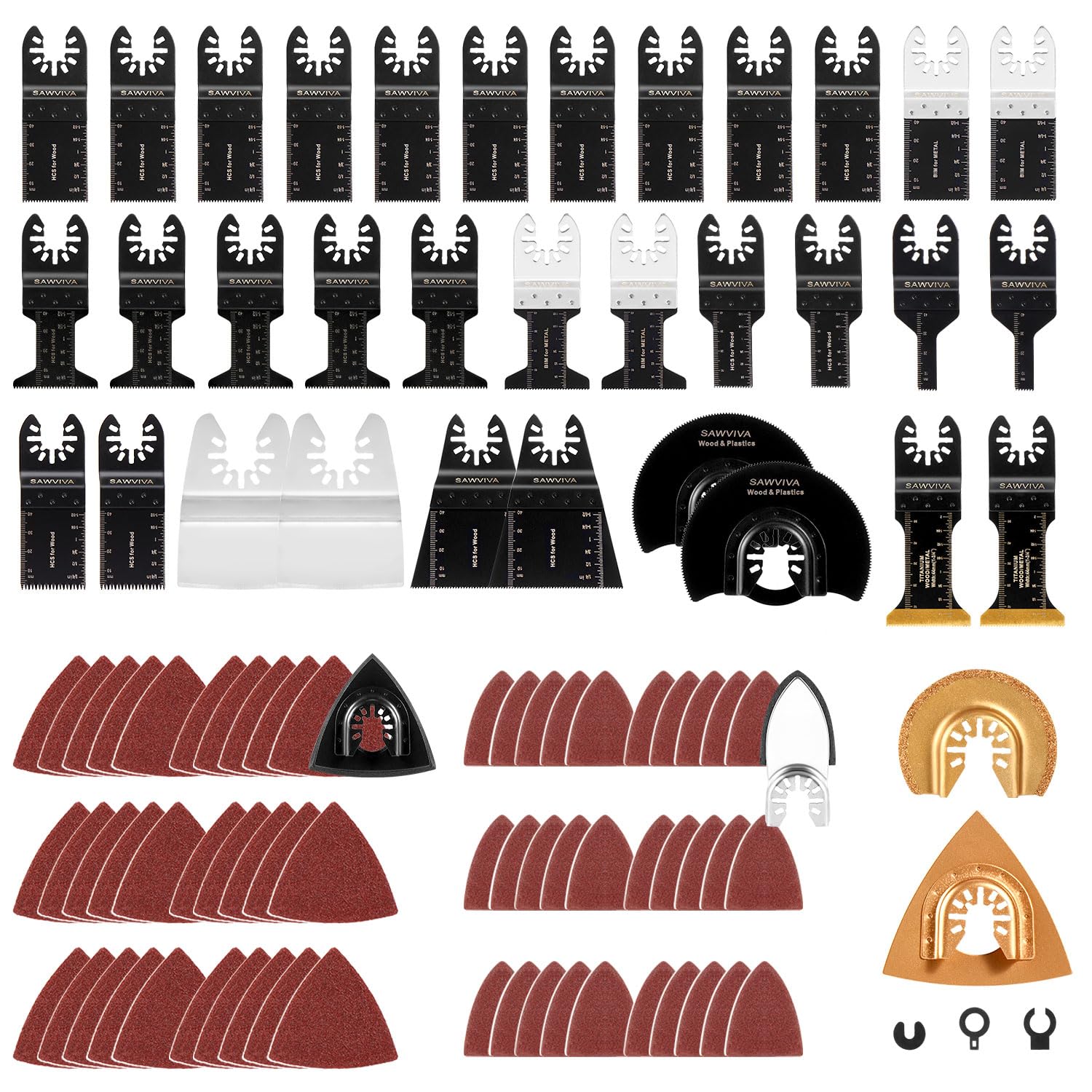 SAWVIVA 100 Pack Oscillating Saw Blades, Oscillating Tool Blades with Sandpaper, Durable Multitool Blades Kits for Cutting Wood, Metal, and Plastic with Quick Release