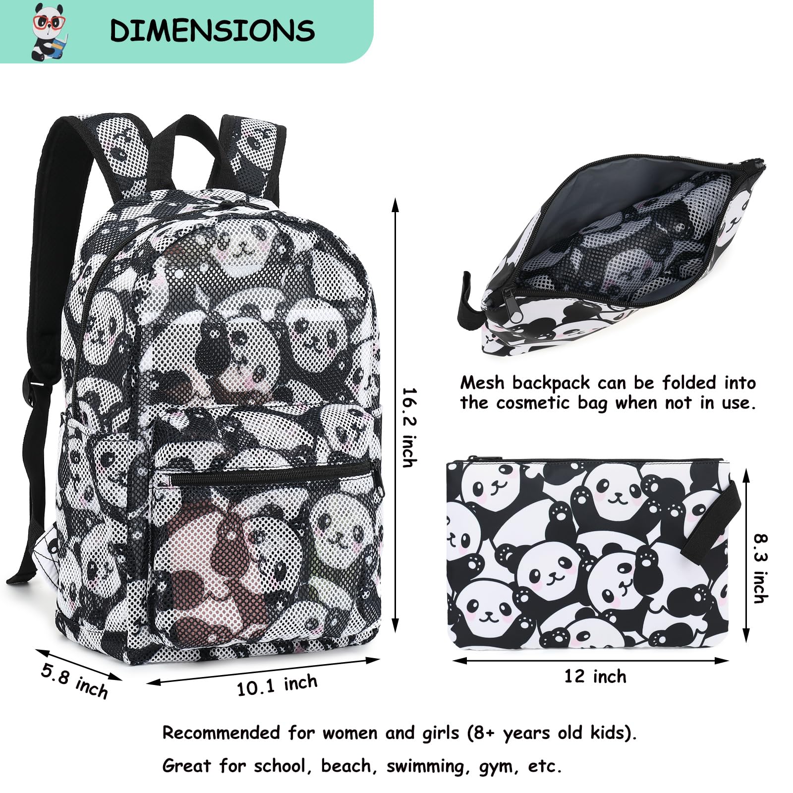 Fuyicat Panda Mesh Backpack for Women Girls, Semi-Transparent School Bag Bookbag See Through Beach Bags for Kids Adults