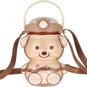 JRIQH Kawaii Bear Straw Bottle,Leak-Proof Water Bottle with Adjustable & Removable Shoulder Strap for Boy and Girls (coffee)