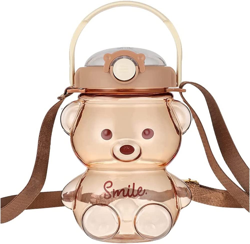 JRIQH Kawaii Bear Straw Bottle,Leak-Proof Water Bottle with Adjustable & Removable Shoulder Strap for Boy and Girls (coffee)