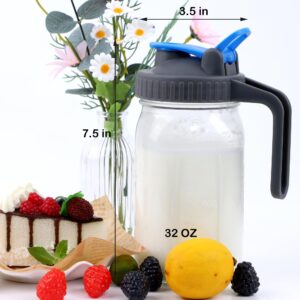 Mason Jar Pitcher With Pour Spout 32 OZ Wide Mouth Glass Pitcher With Lid 1 Quart Airtight And Leak Proof Glass Carafe With Flip Cap For Cold Brew Coffee, Iced Tea, Milk, Juice, Lemonade