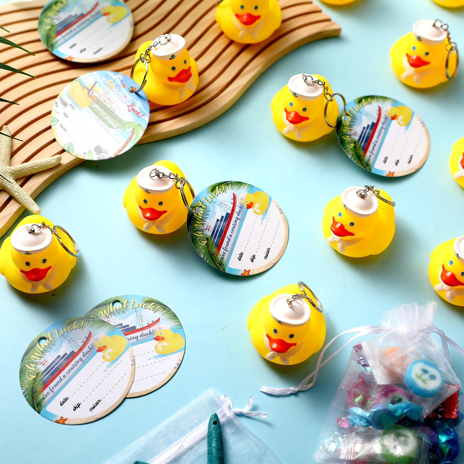 Kigeli 72 Pcs Duck Tag Cruise Kits Includes 24 Cruising Rubber Duck Keychains 24 Duck Tags 24 Organza Bags for Ducking Game Cruise Ships Hiding Carnival Sailing Party Favor Supplies