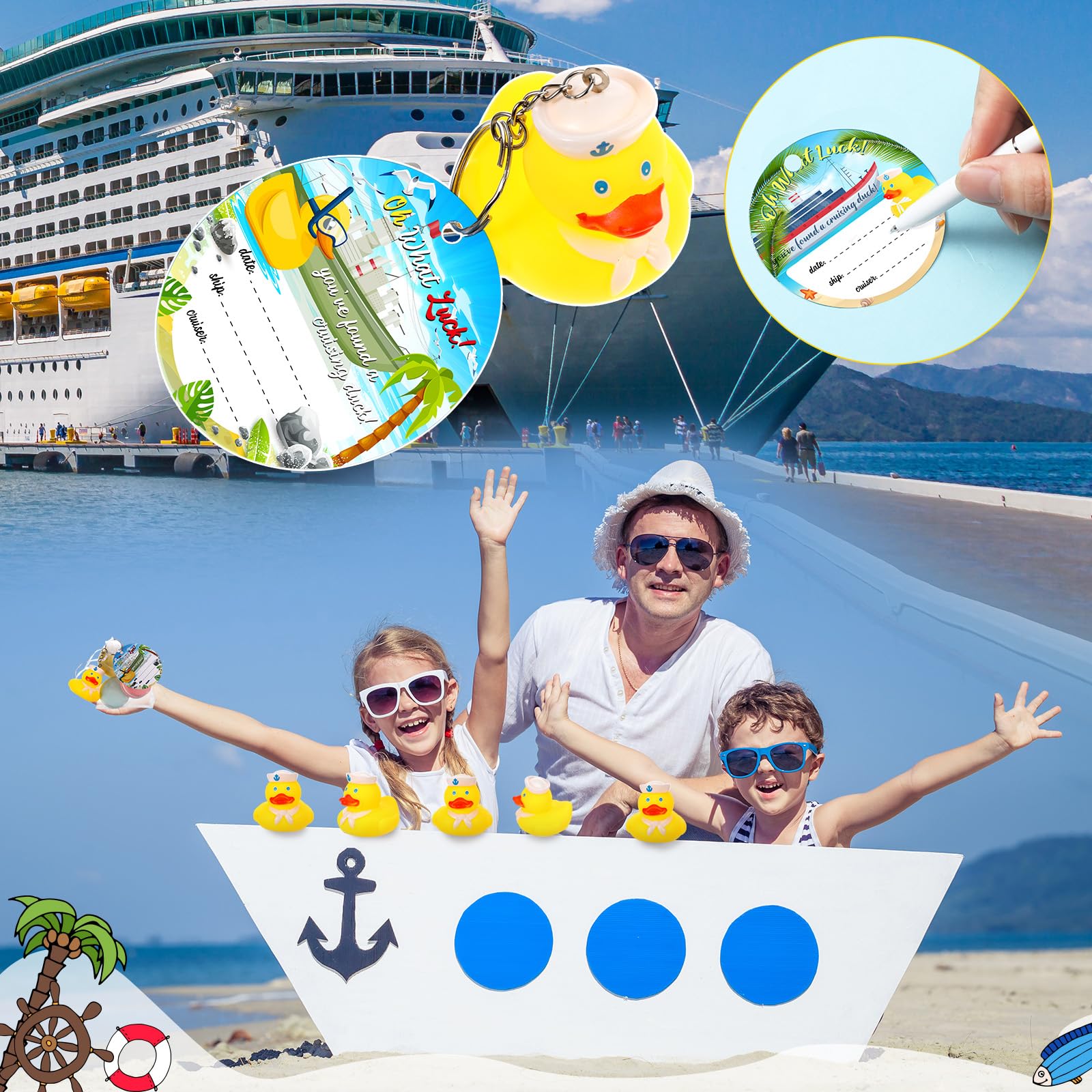 Kigeli 72 Pcs Duck Tag Cruise Kits Includes 24 Cruising Rubber Duck Keychains 24 Duck Tags 24 Organza Bags for Ducking Game Cruise Ships Hiding Carnival Sailing Party Favor Supplies