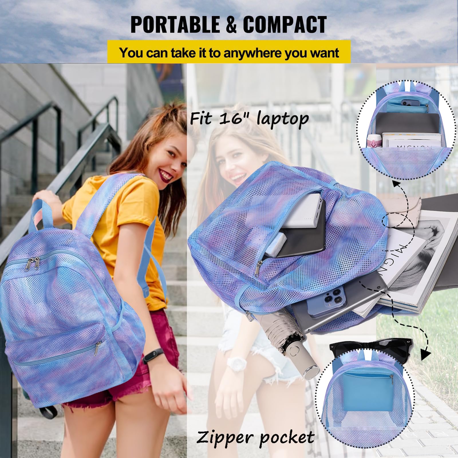 Jumpopack Mesh Backpack for Girls Kids Semi-Transparent Mesh School Backpack Bookbag Lightweight See Through Backpack for Beach Gym Travel(Marble)