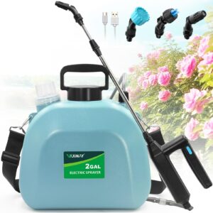 battery powered sprayer 2 gallon, upgrade powerful electric sprayer with 3 mist nozzles, rechargeable handle, retractable wand, garden sprayer with adjustable shoulder strap for lawn,garden,cleaning