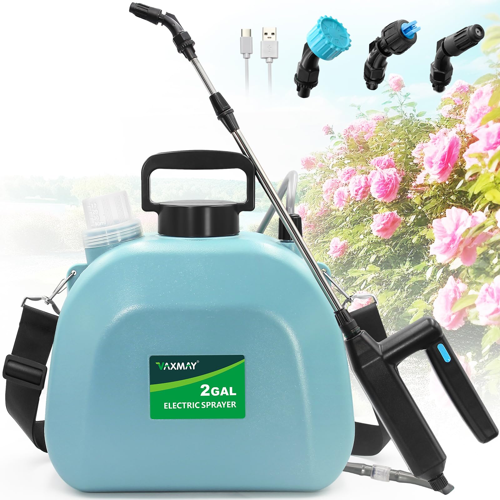 Battery Powered Sprayer 2 Gallon, Upgrade Powerful Electric Sprayer with 3 Mist Nozzles, Rechargeable Handle, Retractable Wand, Garden Sprayer with Adjustable Shoulder Strap for Lawn,Garden,Cleaning