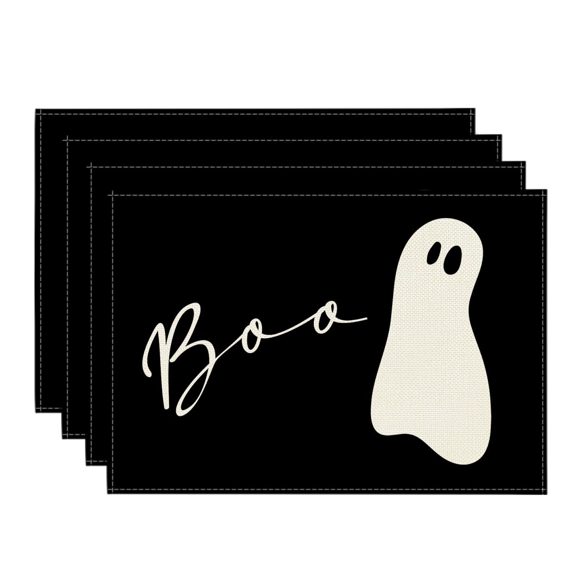 Artoid Mode Boo Ghost Halloween Placemats Set of 4, 12x18 Inch Seasonal Black Holiday Table Mats for Party Kitchen Dining Decoration