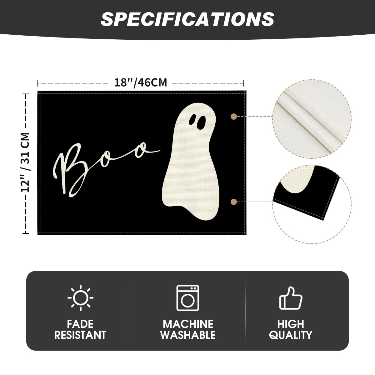 Artoid Mode Boo Ghost Halloween Placemats Set of 4, 12x18 Inch Seasonal Black Holiday Table Mats for Party Kitchen Dining Decoration