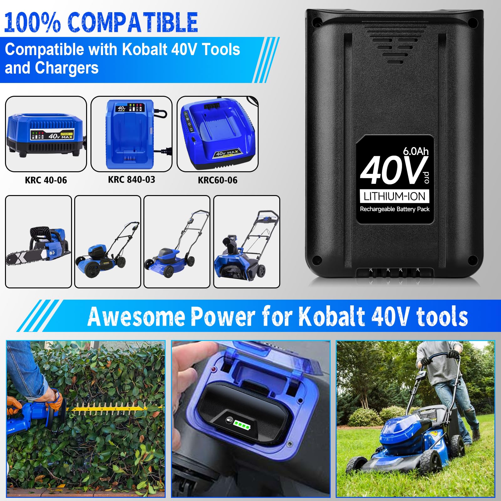 NEPOWILL 40V 6.0Ah Replacement Battery for Kobalt 40v Battery MAX 2540C-06, Rechargeable Lithium Ion Battery for Kobalt KB640-03 KB540C-06 KB245-06 KB240-06 Kb540-06 for Cordless Power Tools