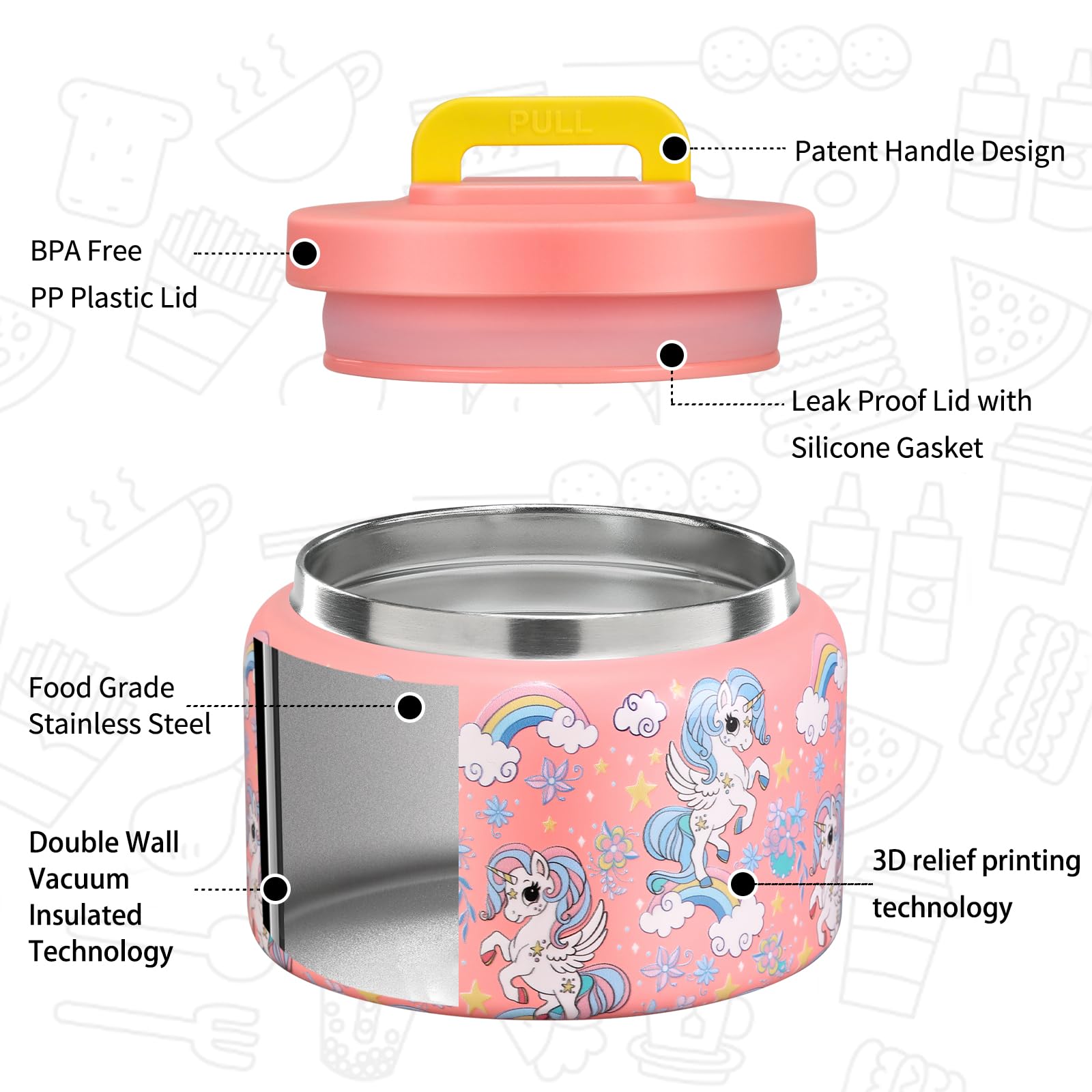 MAISON HUIS 8oz Soup Thermo Wide Mouth Vacuum Insulated Thermo Food Jar, Leak Proof Stainless Steel Food Thermo for Hot&Cold Food Kids Food Lunch Soup Container for School Travel (F-Pink-Rainbow