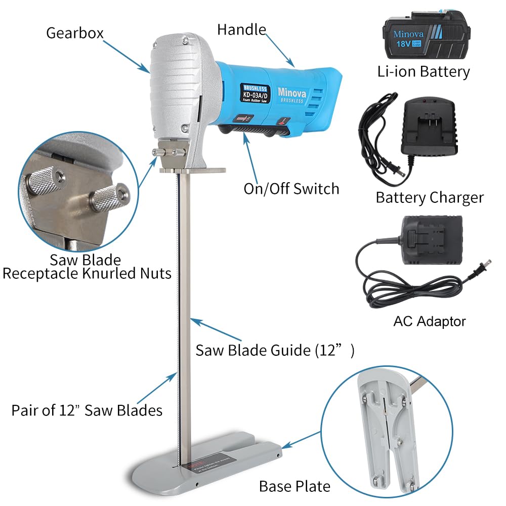 MINOVA Brushless Foam Rubber Cutter 12” Kit AC+DC, Cutting of All Densities of Foam Rubber, upholstery foam cushion & Flexible Plastic Foam, Heavy-Duty Cutting Tool