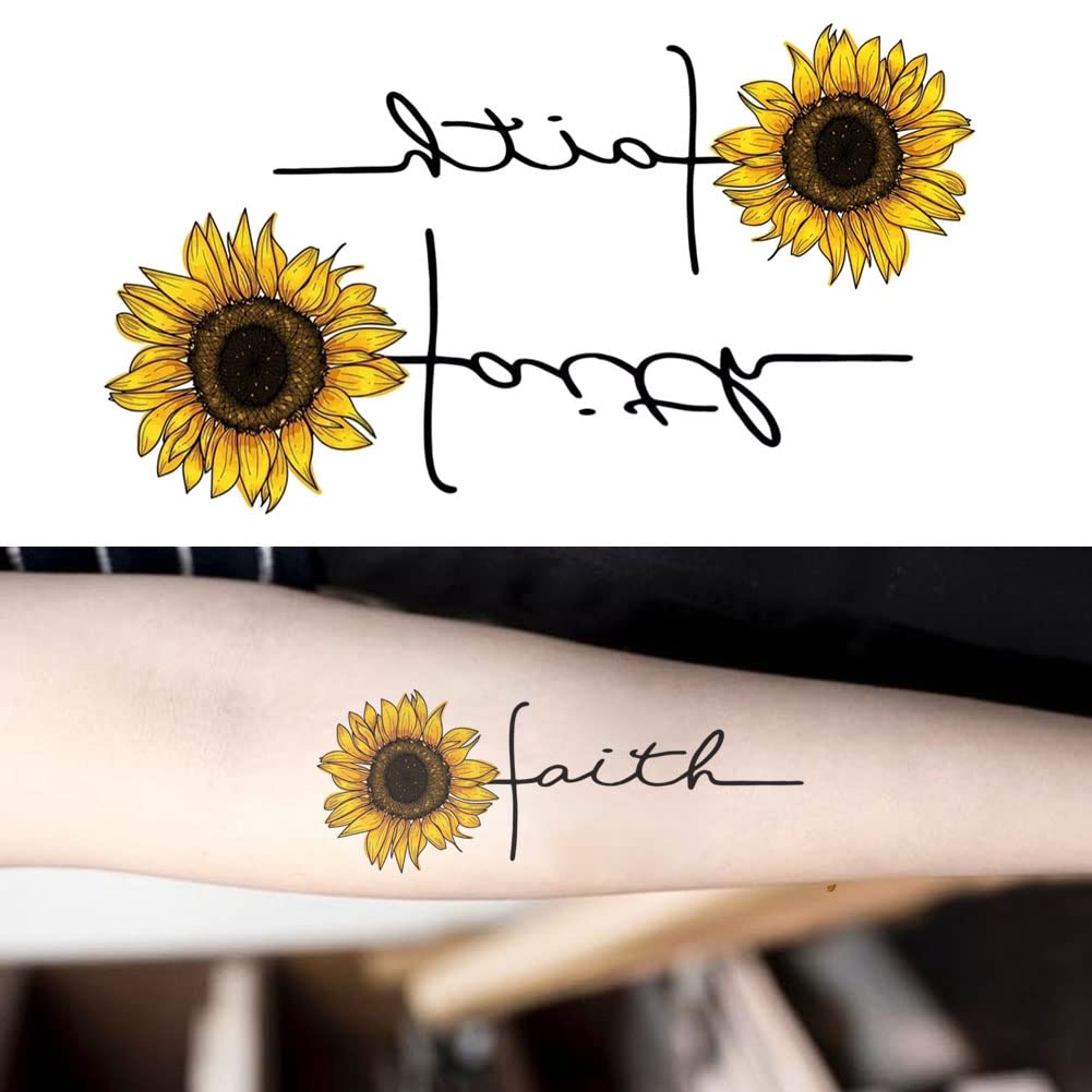 Oottati 2 Sheets Waterproof Small Cute Fake Hand Neck Temporary Tattoos Stickers Quotes Faith Yellow Sunflower