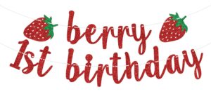 strawberry happy 1st birthday banner, berry 1st birthday, sweet one, my 1st birthday, miss onderful garland, glittery baby girls 1st birthday party decorations