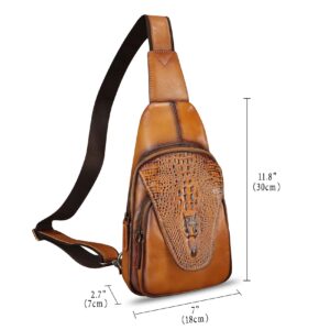 FEIGITOR Genuine Leather Sling Bag Embossed Crocodile Pattern Leather Crossbody Sling Backpack Handmade Chest Purse Daypack (Brown)