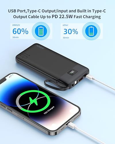 ANOUV Portable Charger with Built-in Cables&AC Wall Plug,10000mAh Power Bank,PD 22.5W USB-C Fast Charging External Battery Pack with LED Display Compatible with iPhones and All Smart Device（1 Pack）