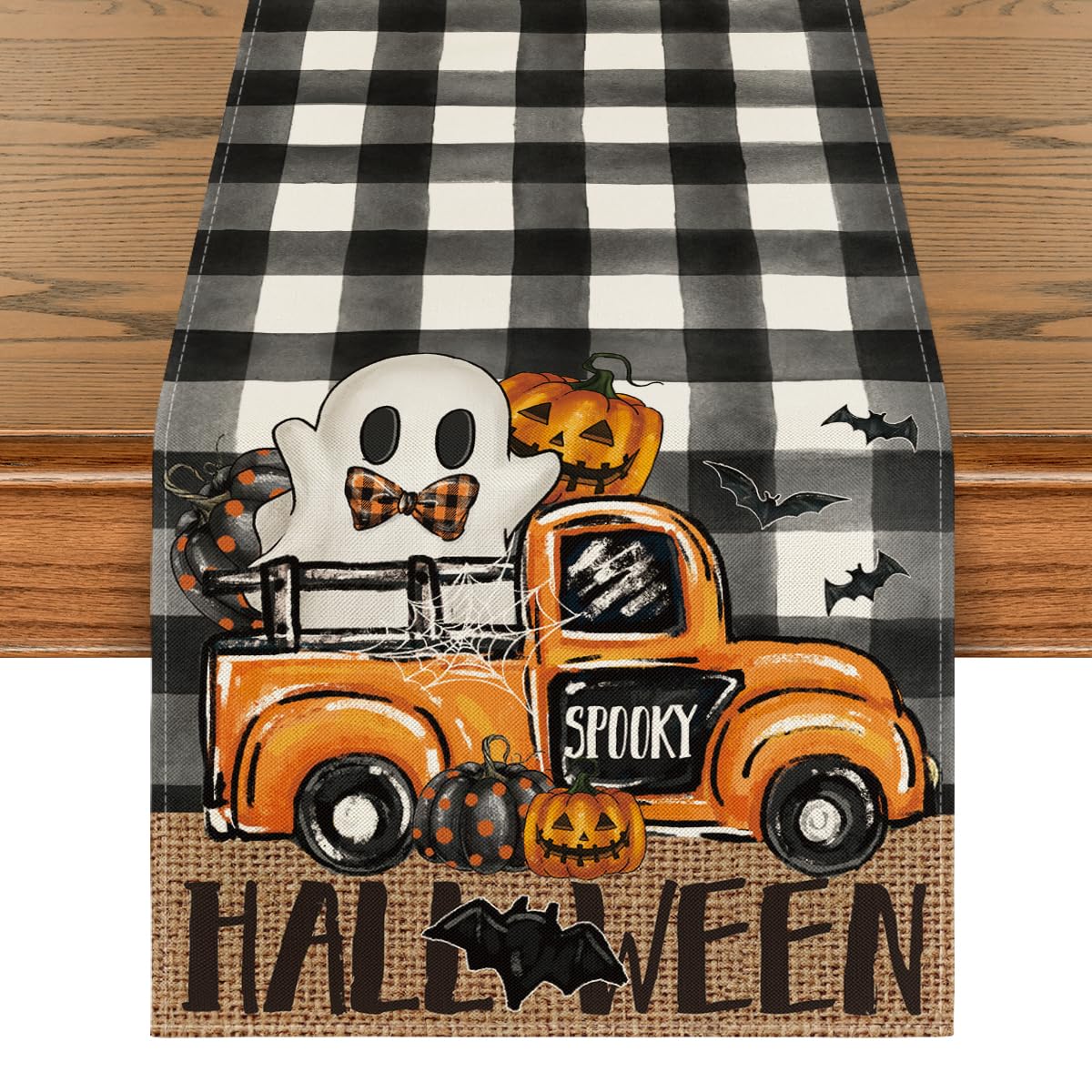 Artoid Mode Buffalo Plaid Bat Pumpkin Ghost Truck Spooky Halloween Table Runner, Sensonal Kitchen Dining Table Decor for Home Party 13 x 72 Inch