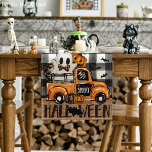 Artoid Mode Buffalo Plaid Bat Pumpkin Ghost Truck Spooky Halloween Table Runner, Sensonal Kitchen Dining Table Decor for Home Party 13 x 72 Inch