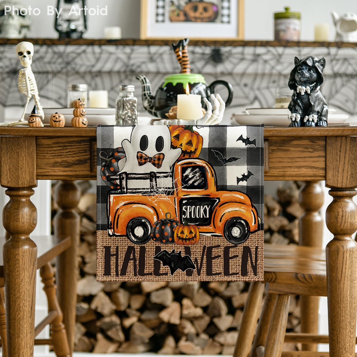 Artoid Mode Buffalo Plaid Bat Pumpkin Ghost Truck Spooky Halloween Table Runner, Sensonal Kitchen Dining Table Decor for Home Party 13 x 72 Inch