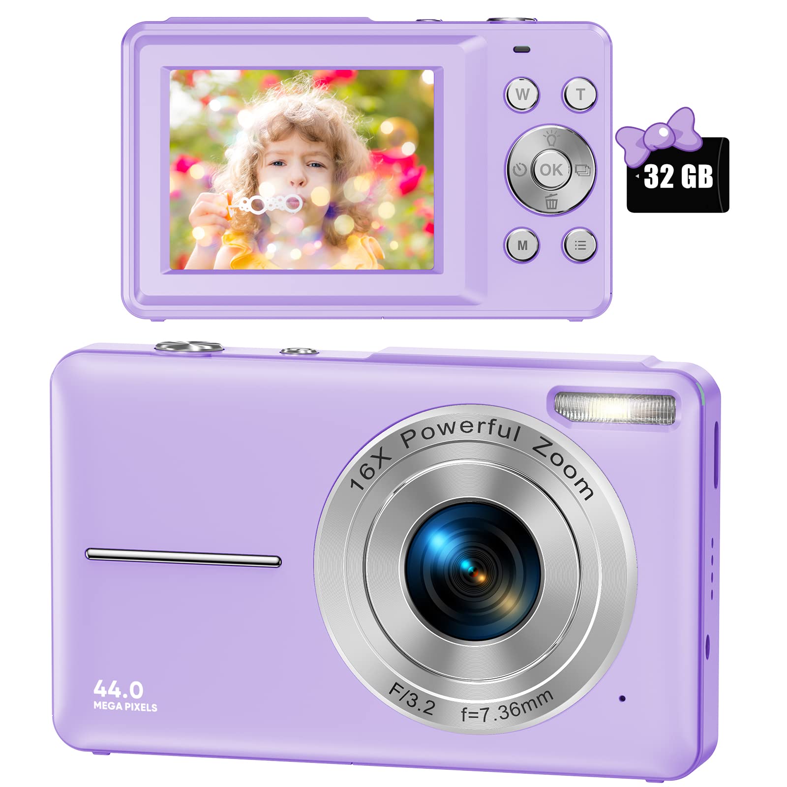 Digital Camera, FHD 1080P Digital Camera for Kids Video Camera with 32GB SD Card 16X Digital Zoom, Compact Point and Shoot Camera Portable Small Camera for Teens Students Boys Girls Seniors(Purple)