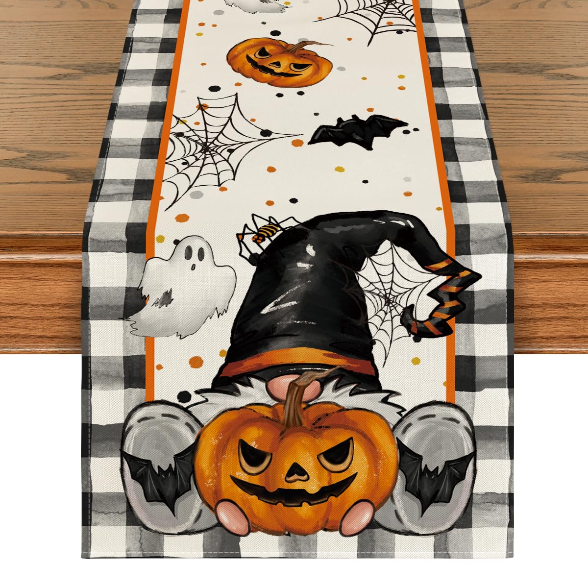 Artoid Mode Buffalo Plaid Gnome Bat Pumpkin Ghost Halloween Table Runner, Sensonal Kitchen Dining Table Decor for Home Party 13 x 72 Inch