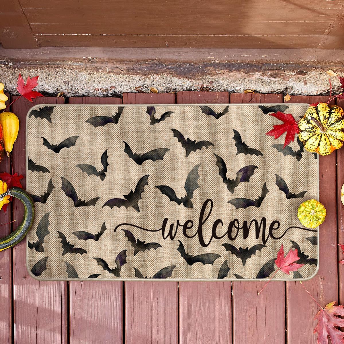 Artoid Mode Bats Halloween Welcome Doormat, Beige Home Decor Low-Profile Switch Rug Door Mat Floor Mat for Indoor Outdoor 17x29 Inch