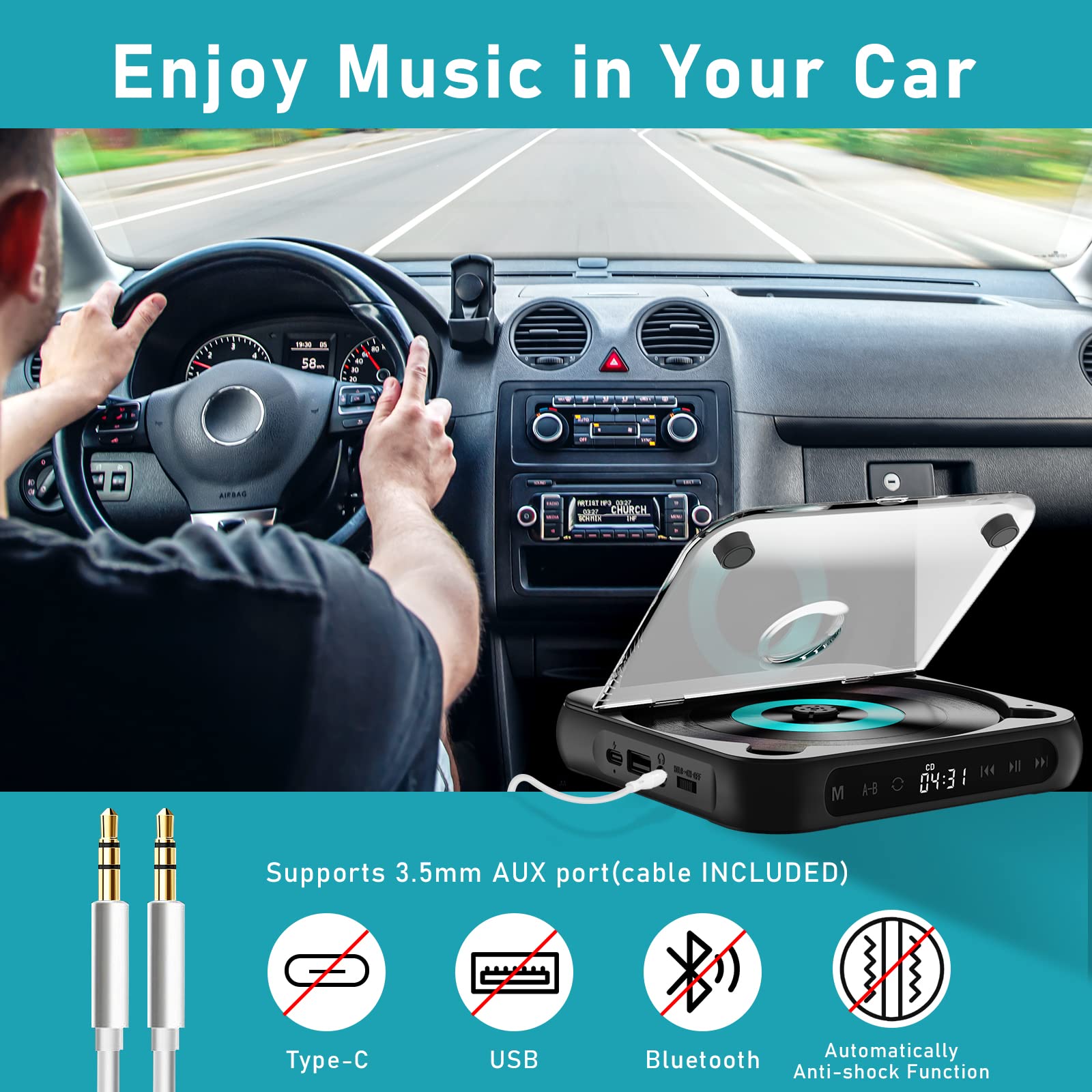 ZYOKATA Portable CD Player Personal CD Players with Bluetooth for Car, Rechargeable Small CD Player with Headphones, LCD Touch Screen & Anti-Skip/Shockproof