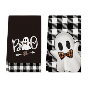 artoid mode black buffalo plaid ghost boo halloween kitchen towels dish towels, 18x26 inch seasonal decoration hand towels set of 2