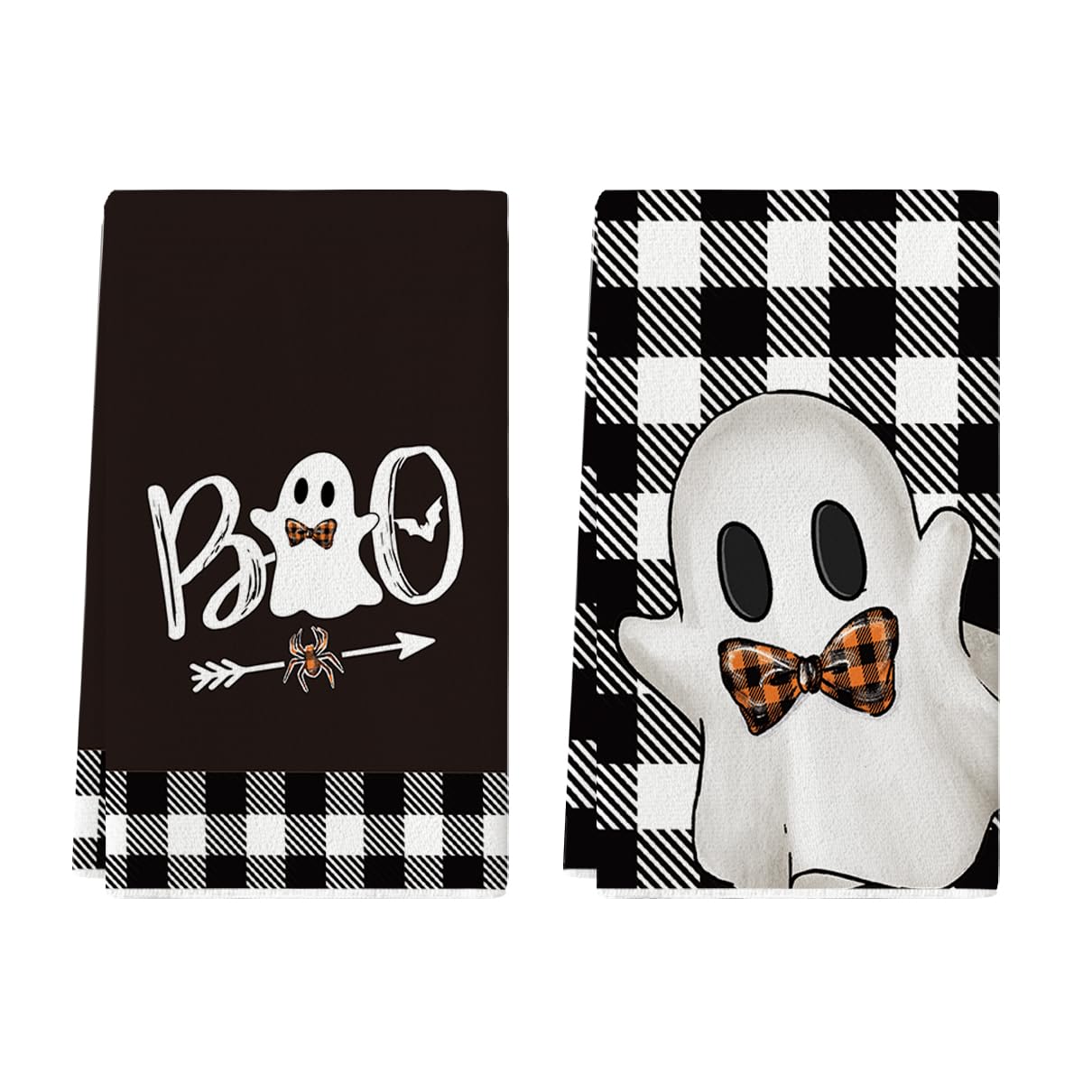 Artoid Mode Black Buffalo Plaid Ghost Boo Halloween Kitchen Towels Dish Towels, 18x26 Inch Seasonal Decoration Hand Towels Set of 2