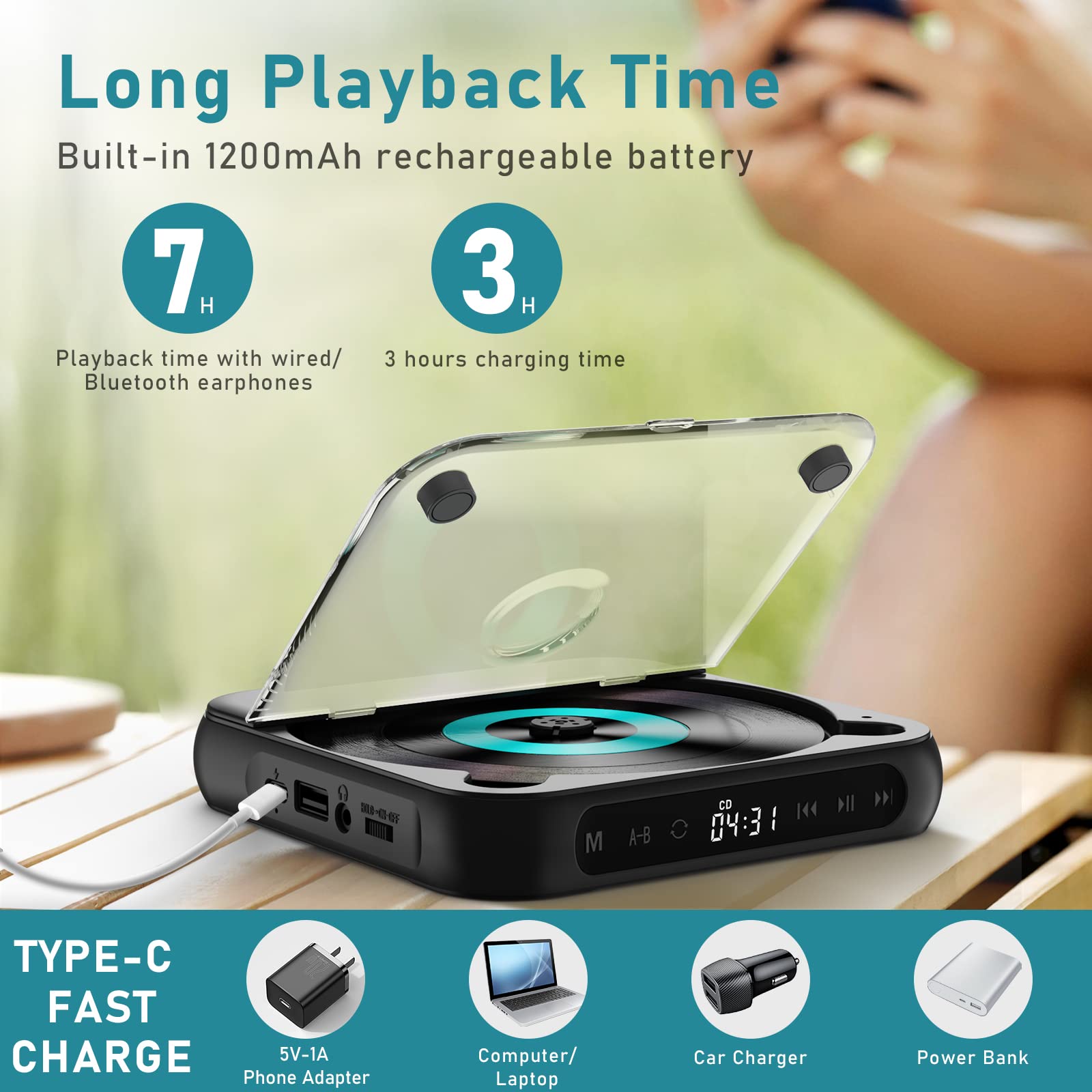 ZYOKATA Portable CD Player Personal CD Players with Bluetooth for Car, Rechargeable Small CD Player with Headphones, LCD Touch Screen & Anti-Skip/Shockproof