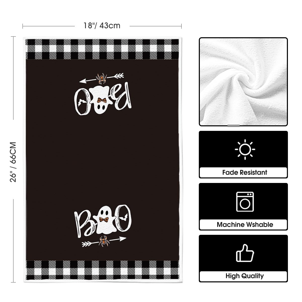 Artoid Mode Black Buffalo Plaid Ghost Boo Halloween Kitchen Towels Dish Towels, 18x26 Inch Seasonal Decoration Hand Towels Set of 2