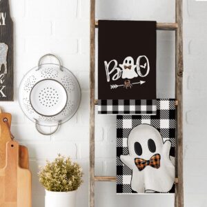 Artoid Mode Black Buffalo Plaid Ghost Boo Halloween Kitchen Towels Dish Towels, 18x26 Inch Seasonal Decoration Hand Towels Set of 2