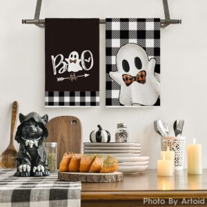 Artoid Mode Black Buffalo Plaid Ghost Boo Halloween Kitchen Towels Dish Towels, 18x26 Inch Seasonal Decoration Hand Towels Set of 2